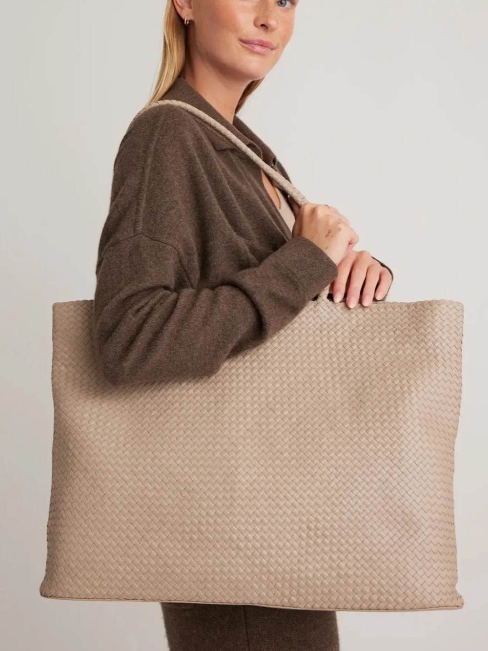 Quince Siena Handwoven Tote Italian Leather Tote in Light Grey Taupe